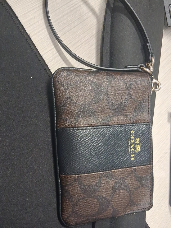 Coach Handbags - Coach Brown and Black Signature Wristlet Wallet with Gold Logo